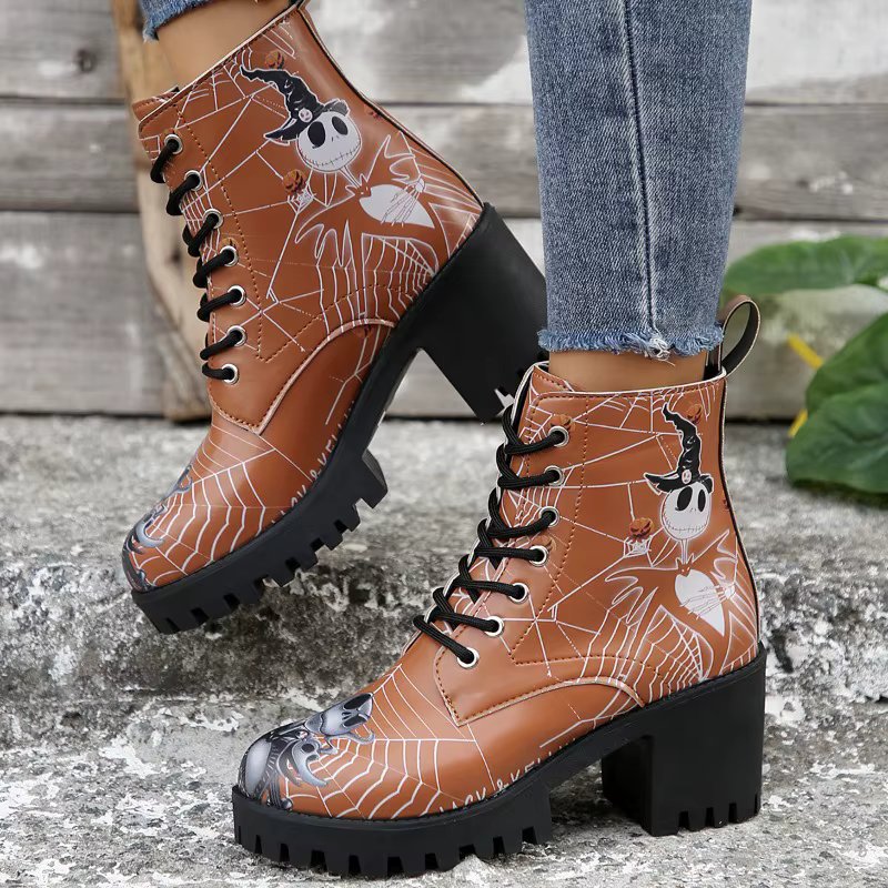 Halloween Skull High-heeled Short Boots 2024 Winter Item Thick Heel Print Design Versatile Fashion Women's Boots Zapatos Mujer
