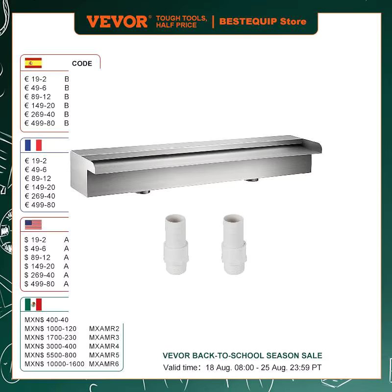 VEVOR Pool Fountain Pool Waterfall 23.6x4.5x3.1"(W x D x H) Waterfall Spillway with Pipe Connector Rectangular Garden Outdoor