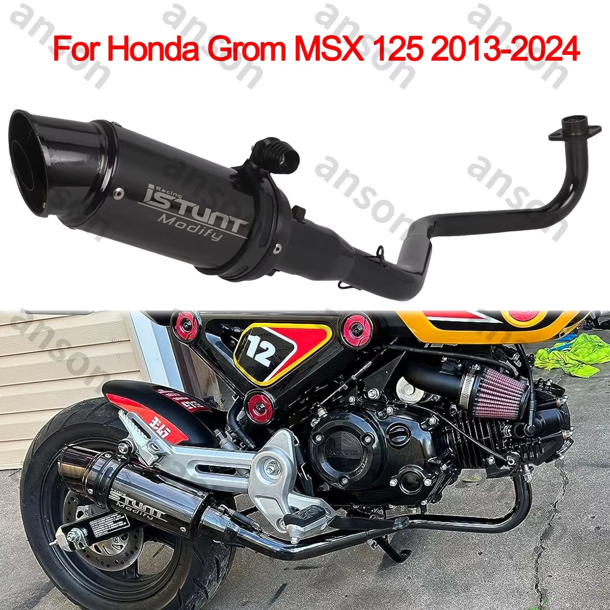 US StockFull Motorcycle Exhaust System Muffler Link Tailpipe Slip on for Honda Grom MSX 125 2013-2022 (with Baffle Muffler)