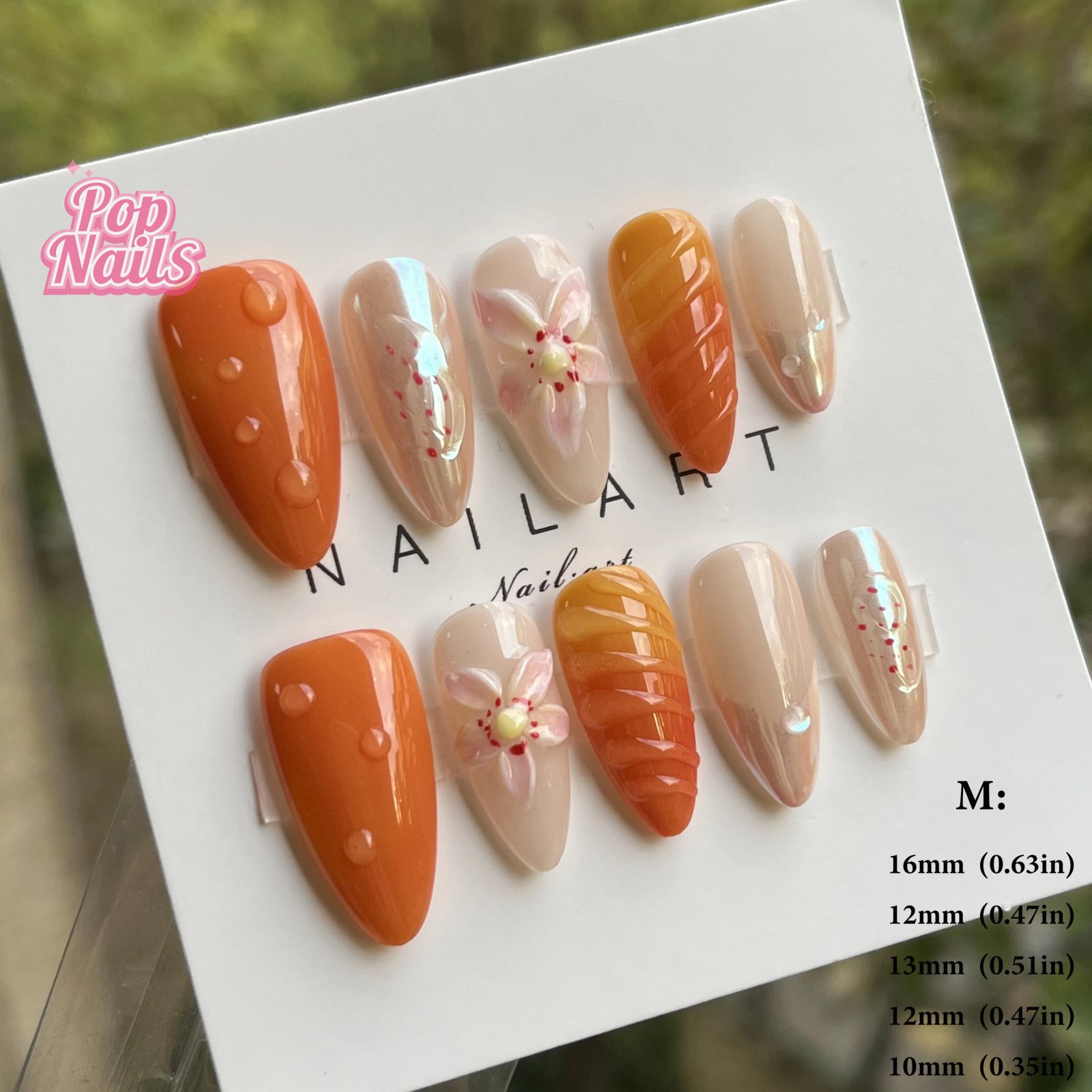 10pcs Handmade Nails Presson 3D Flowers Autumn High Quality Chrome Orange Flower Gel Nail Art Almond Acrylic Fall Press on Nails