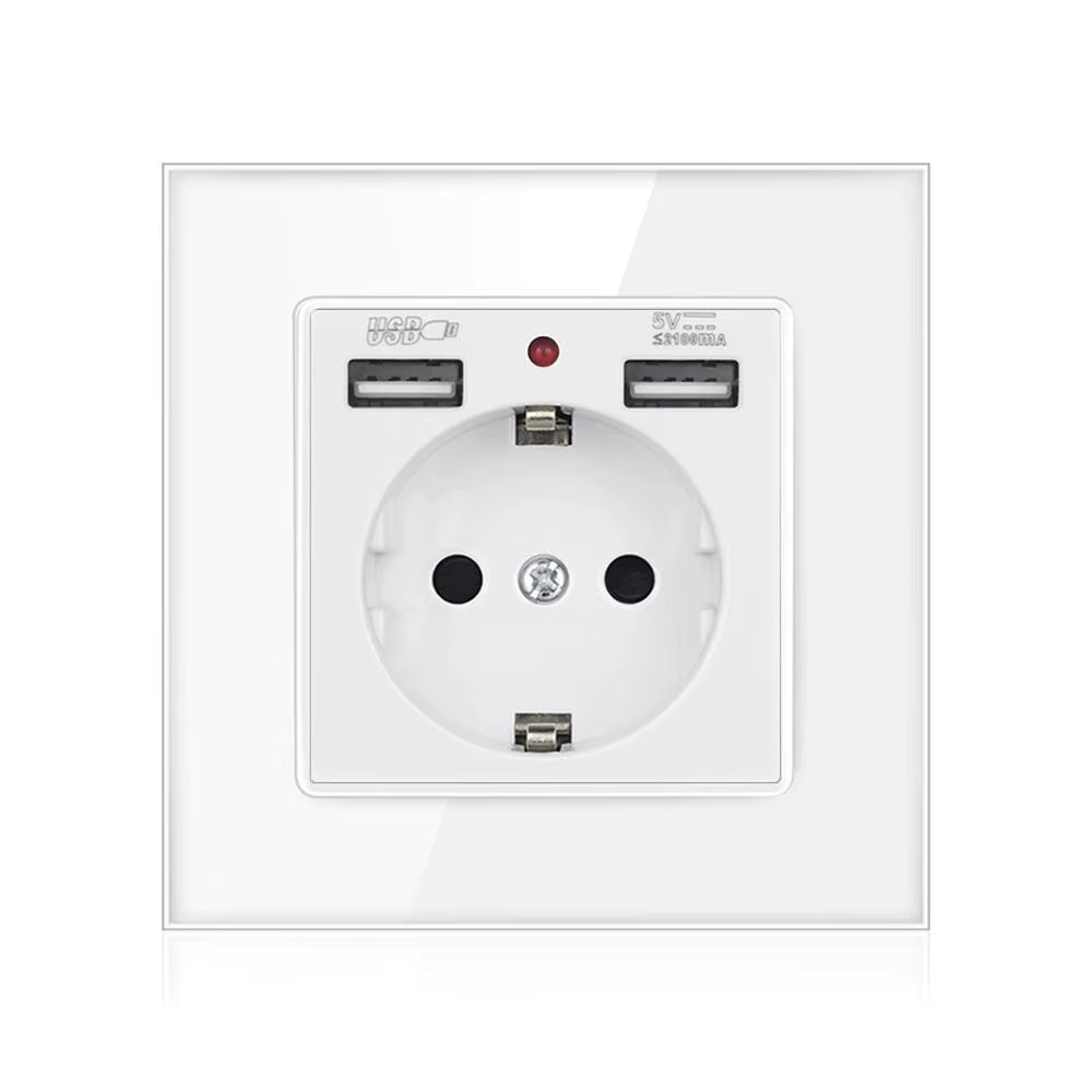 EU Standard Electrical Socket with USB Charging, Crystal Tempered Glass Panel 86*86mm,Usb Wall Socket 5V 2100mA