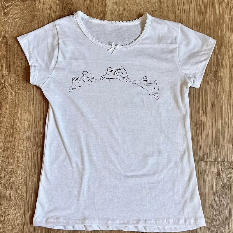 Y2k Clothes Women's T-Shirt E-girl Baby Tee Slim Gothic Rabbit Print Streetwear Vintage Harajuku Punk Grunge Crop Top Casual