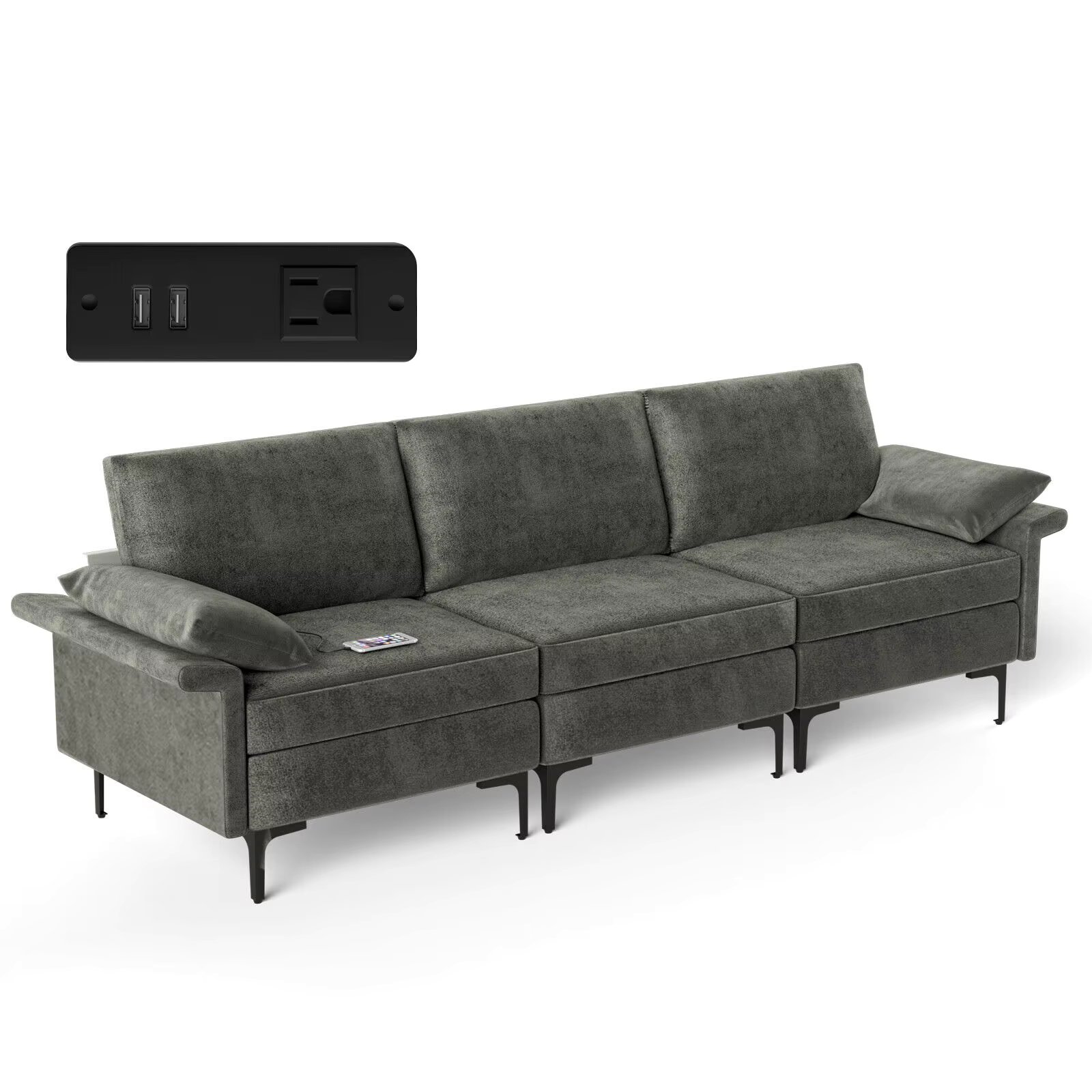 Costway Modern Modular Fabric 3-Seat Sofa Couch w/ Socket USB Ports & Metal Legs Grey