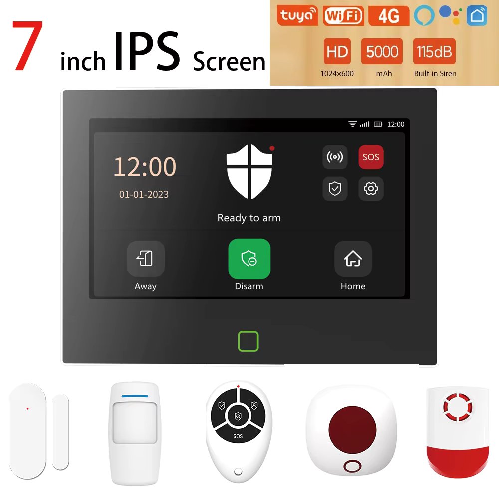 Staniot 7 inch Wireless WiFi 4G Tuya Smart Home Alarm System Support 8 Wired Zone Security HD Panel with 5-Year Entry Sensor