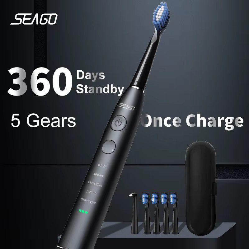 Seago Electric Sonic Toothbrush USB Rechargeable Adult 360 Days Long Battery Life IPX7 4 Replacement Heads Travel Box  SG-575