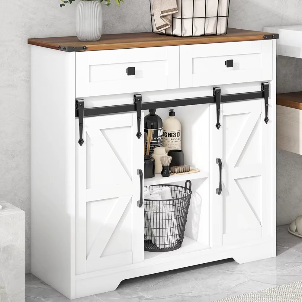 Bathroom Floor Cabinet, Farmhouse Storage Cabinet with Sliding Barn Door and Storage Drawers, White Buffet Cabinet with