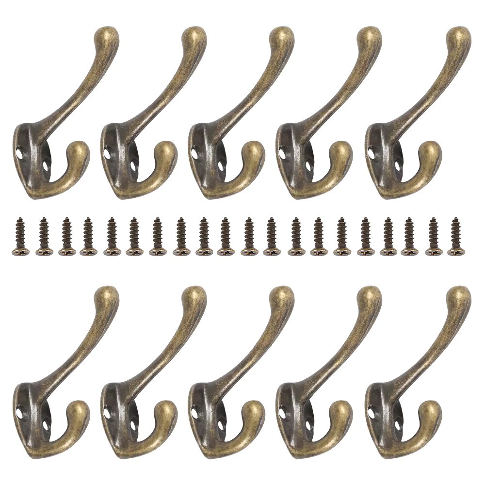 10Pcs Coat Hooks Wall Mounted Heavy Duty Dual Coat Rack Bronze Vintage Clothes Hanger With Screws for Door Coat Hooks Bathroom