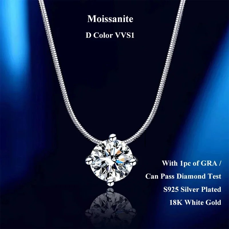 EWYA 0.5-2CT D Color VVS1 Moissanite Pendant Necklace for Women S925 Silver 4 Claw Pass Diamond Test Neck Chain Christmas Gift