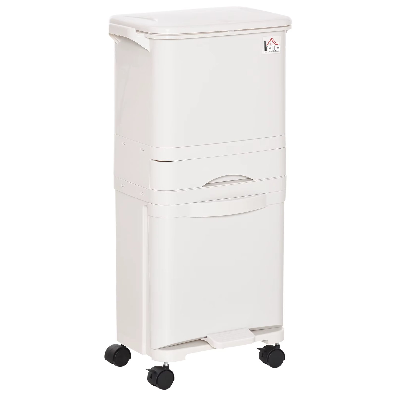HOMCOM 45L Recycle Garbage Bin Mobile with Wheels 4 Compartments Easy Lock with Push Button and Pedal 42x29x83 cm