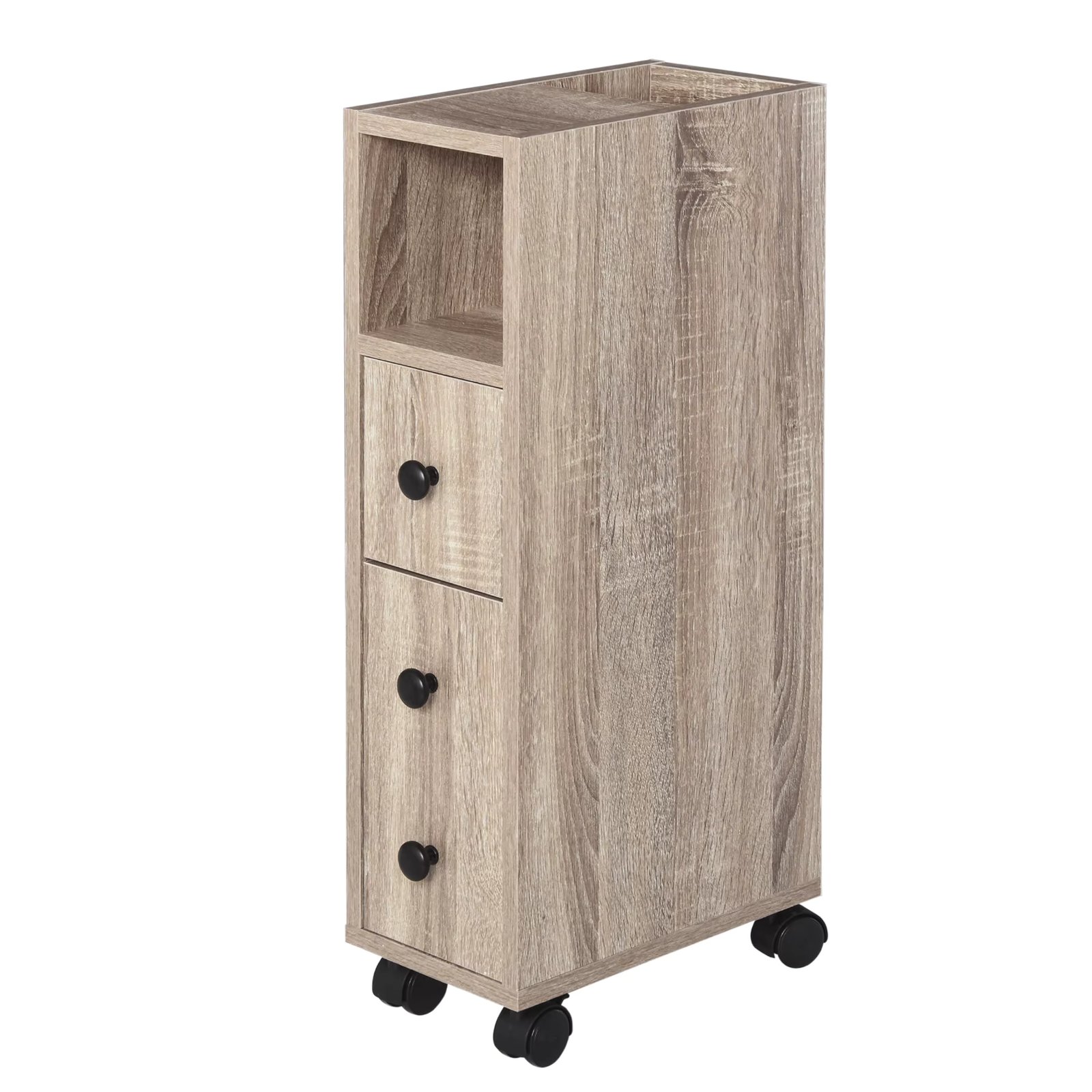 Kleankin bathroom cabinet bathroom furniture with universal wheels 2 brakes shelves drawer cabinet 18x30x68,5 cm Oak Wood