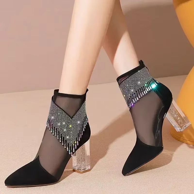 Rubber Soled Dance Boots Women 2024 Summer Pointy Rhine-diamond Tassel High Heel Mesh Latin Jazz Modern Dance Shoes Stage Show