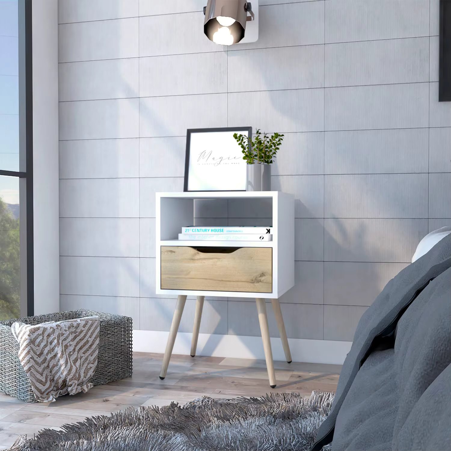 Otom Nightstand , Superior Top, One Open Shelf, One Drawer, Four Legs White / Light Oak