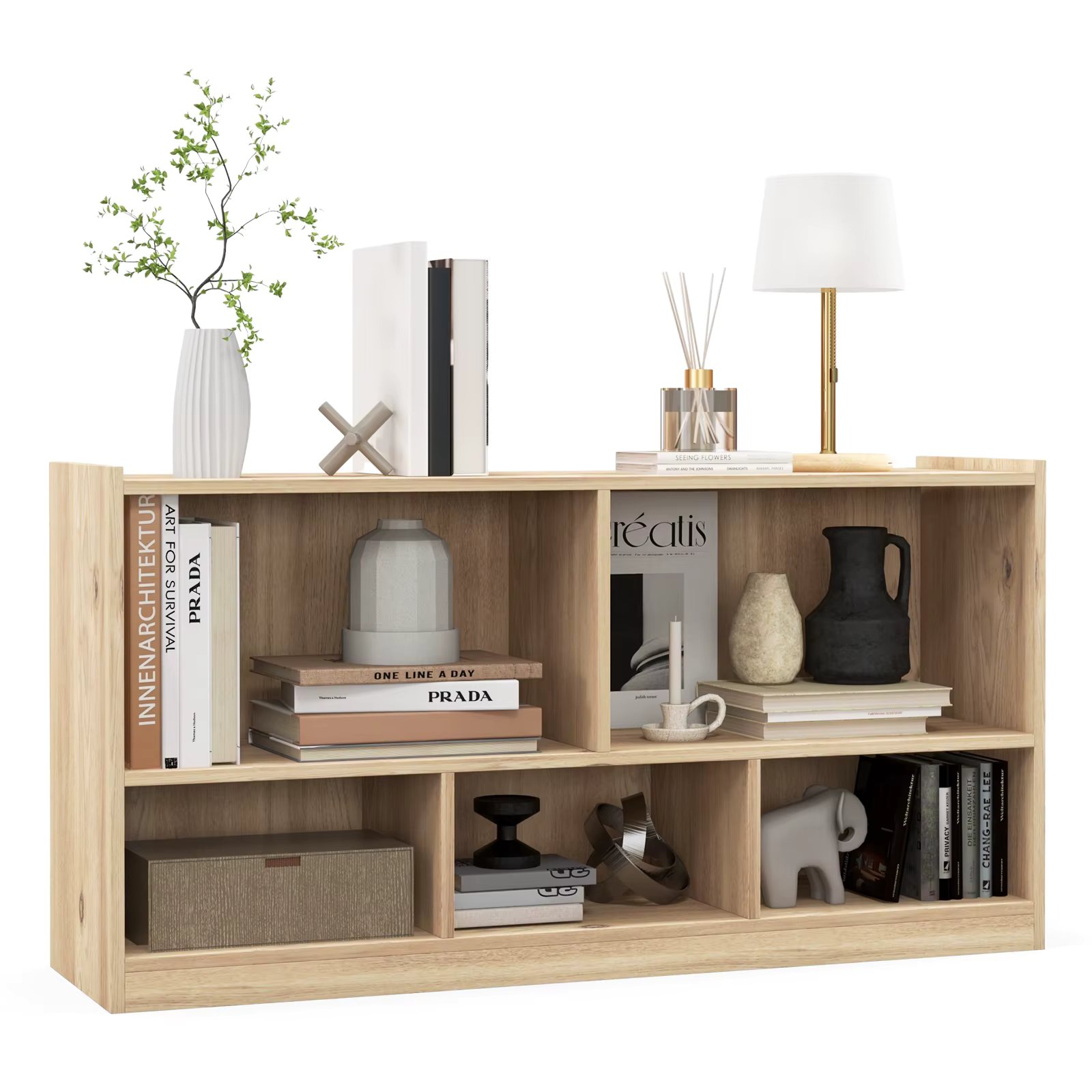 GOFLAME 2-Tier Bookcase, 5 Cube Wood Storage Cube Bookshelf, Floor Standing Display Storage Shelf