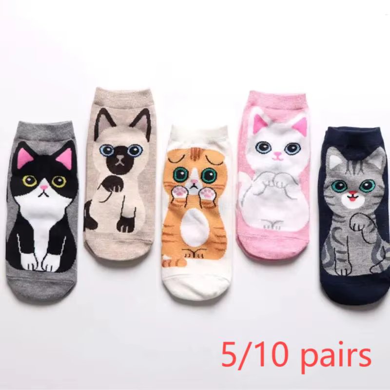 5/10 Pairs/Set Women's Cartoon Cute Cat Ankle Socks Breathable Perfect for Everyday Fashion