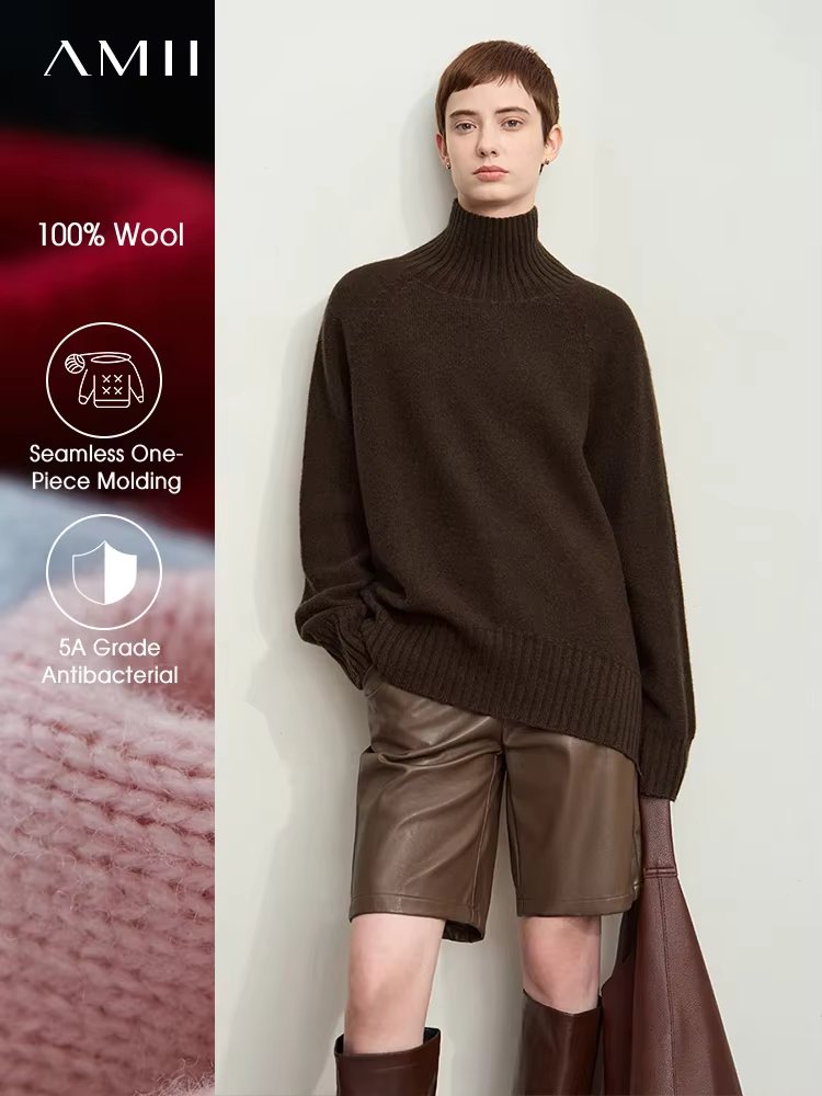 AMII minimalist 2024 winter women's versatile turtleneck top all-wool seamless integrated forming antibacterial sweater 12454040