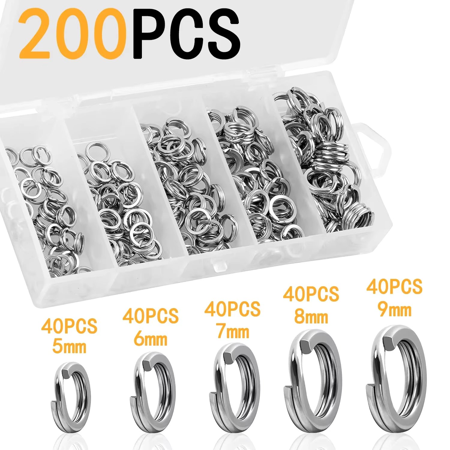 200PCS Fishing Stainless Steel Split Rings 5 Sizes High Strength Large tensile Force Fishing Loop Fishing Lure Connector