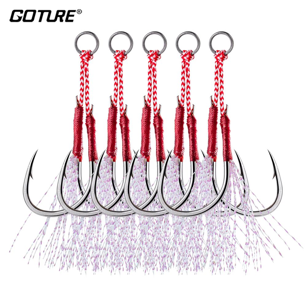 Goture 5pcs/lot Carbon Steel Double Hooks #1 #2 #3 #4 Strong Fishing Hooks Spoon Hooks with Delicate Feathers Fishing Tackle