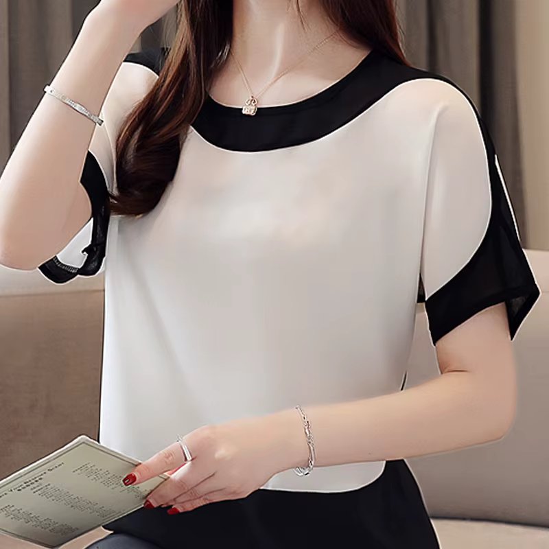 Blouses Summer White Blouse Short Sleeve Blouse Women Blusas Mujer De Moda 2024 Verano O-Neck Chiffon Blouse Shirt Tops E753