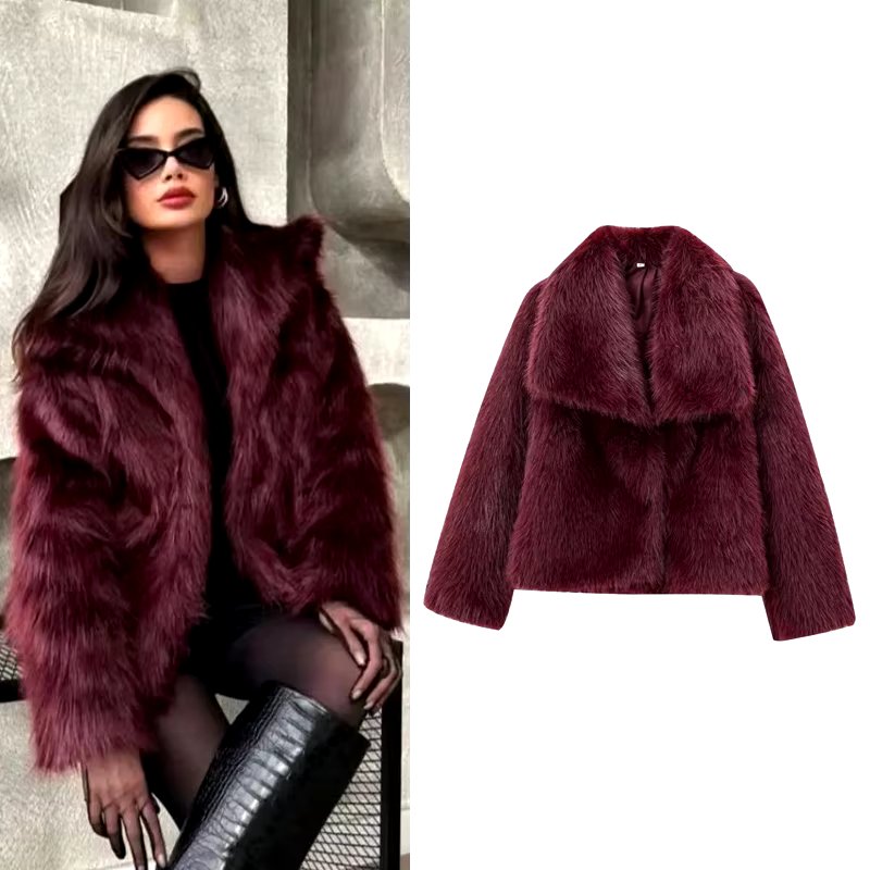 HXAO Women's Fur Coat Women 2024 Plush Burgundy Bomber Jacket Solid Crop Long Sleeve Jacket Warm Winter Coats Woman Casual Coats