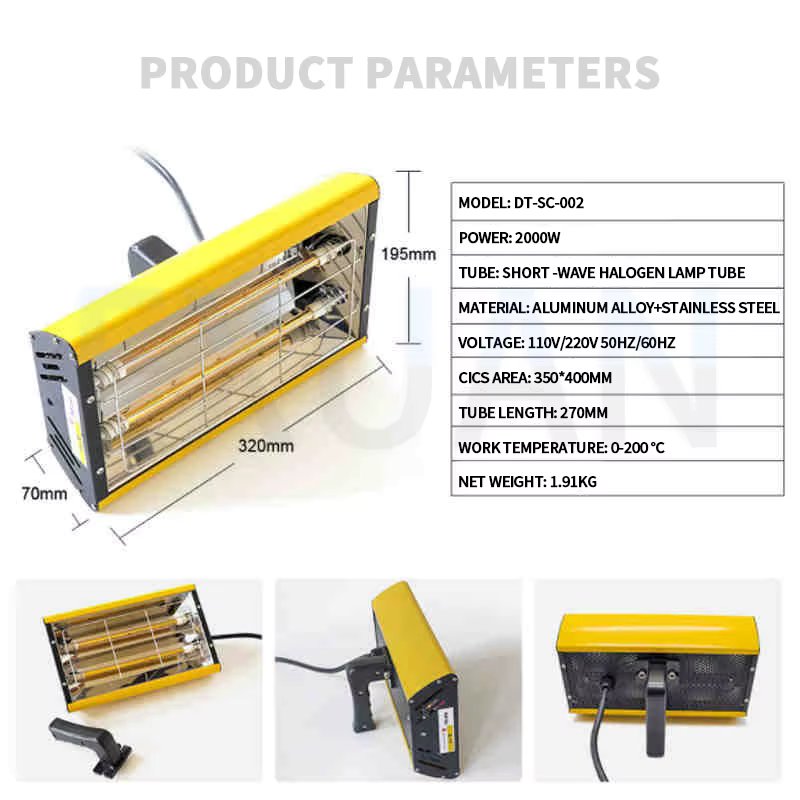 2KW Double Tube Hand Baked Lamp Infrared Paint Curing Lamp Handheld Shortwave Infrared Heating Lamp Car Body Repair Paint Dryer