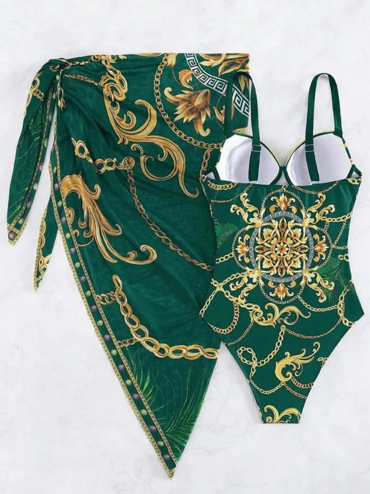 Luxury swimwear 2024 Underwire Swimsuit One Piece + Mesh Cover Ups Women Sexy Monokini Plus Size Push Up Bikini Chains Beachwear