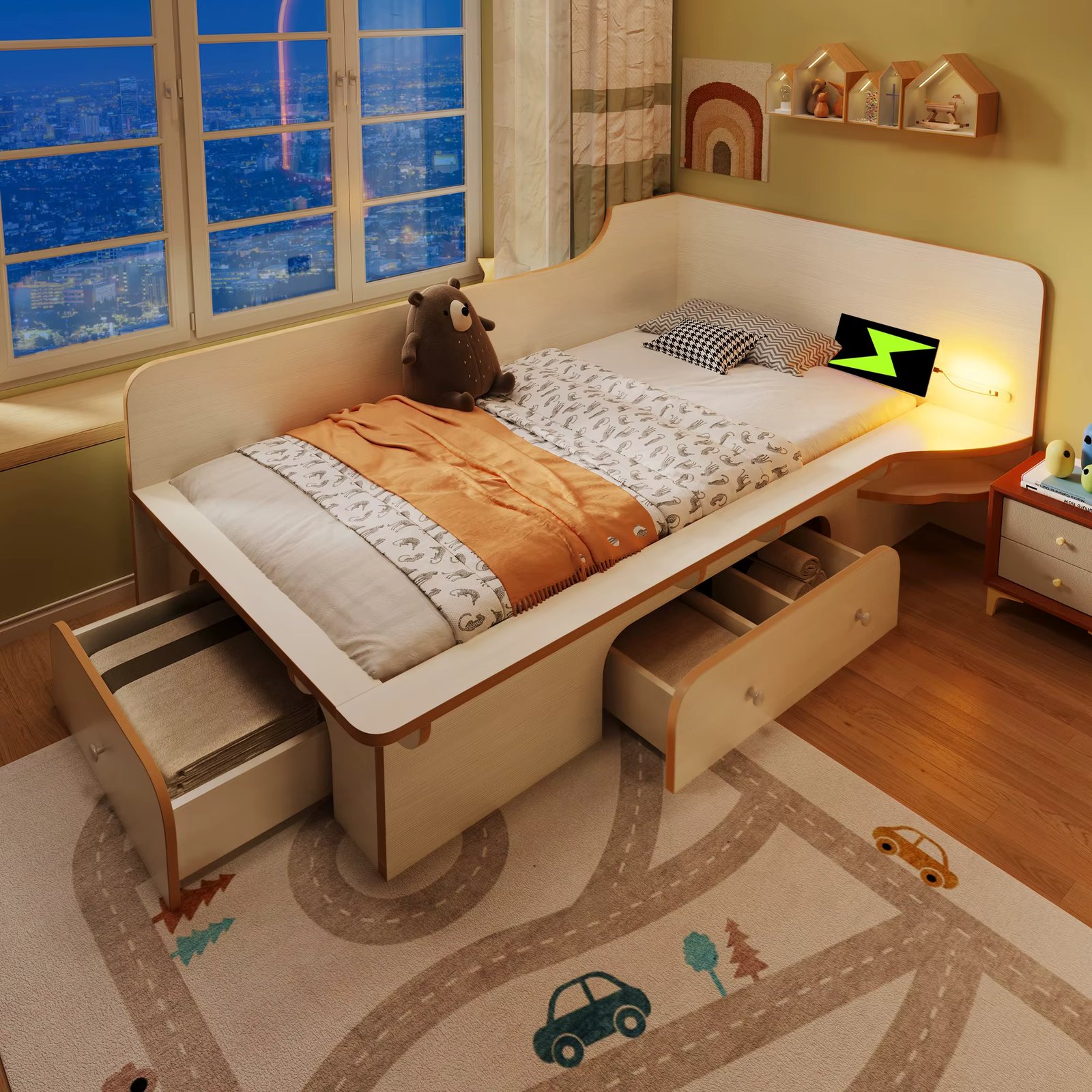 90 x 200 cm Children's Bed, Wooden Frame Bed with Reading Light and Drawers – Safe Non-Slip Design, Flat Bed for Kids and Teens