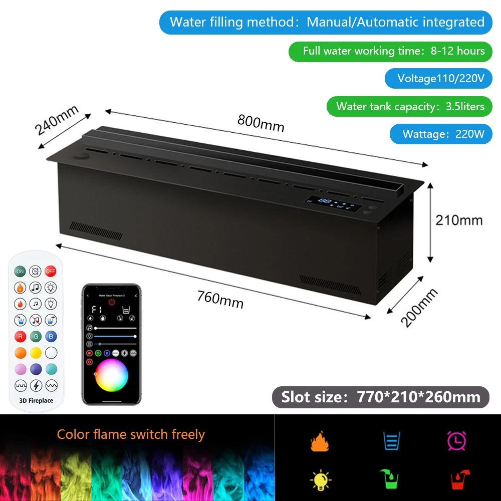 Indoor Decoration 3D Atomizing Fireplace Multicolor Flame APP Control Smart LED Embedded Steam Electric Fireplace