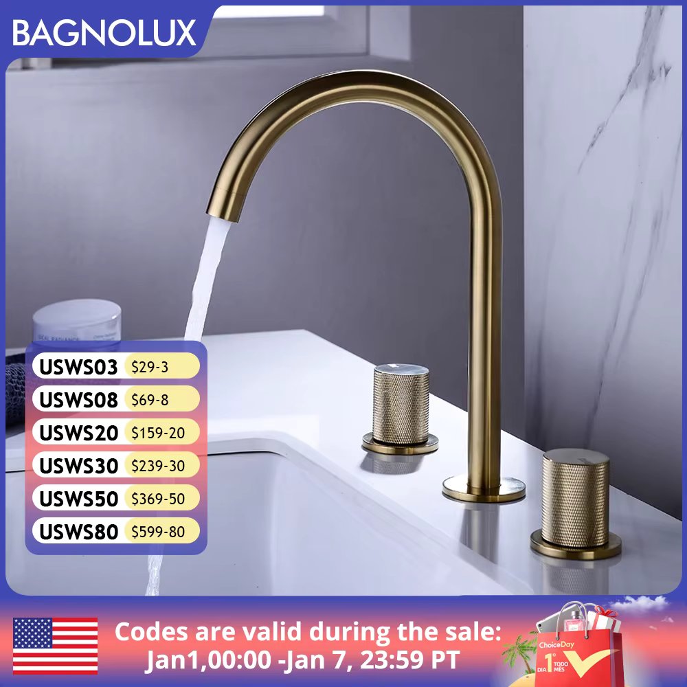Basin Mixer Water Bathroom Sink Faucet Brushed Gold Brass Deck Mounted Dual Holder Three Hole Mixed Cold And Hot