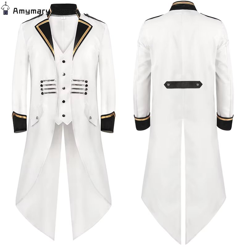 New Men's Retro Tailcoat White Long Jacket Gothic Steampunk Victorian Cosplay Costume Frock Coat Single Breasted Swallow Uniform