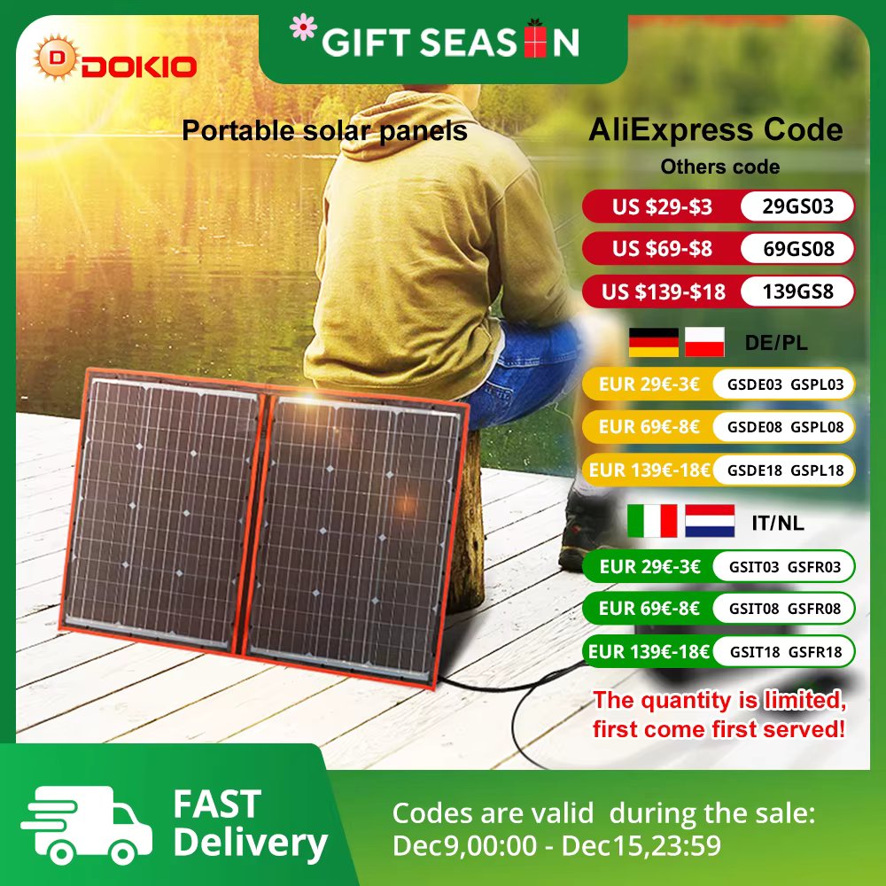 Dokio 18V 100/160/200/300 W Portable Foldable Solar Panel with 12V Controller to Charge Battery suitable for Camp