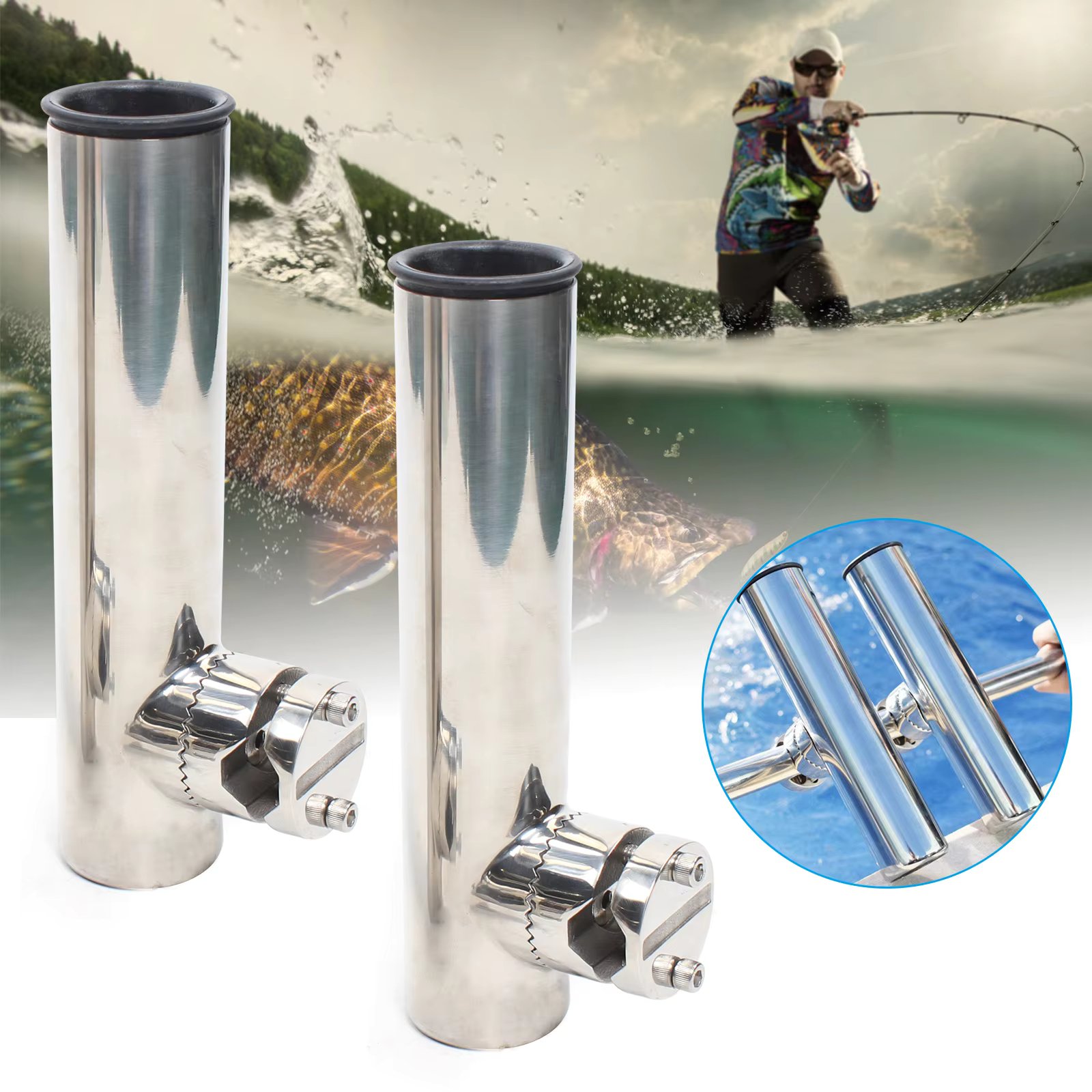 2pcs Stainless Steel Fishing Rod Holders for Fishing Boats For rails from 19 mm (3/4 ") to 25 mm (1") dia.