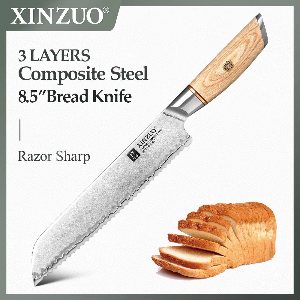 XINZUO 8.5" Bread Knife 60+2HRC Composite Steel With Japanese Pakkawood Handle Professional Bread Knife Kitchen Accessories