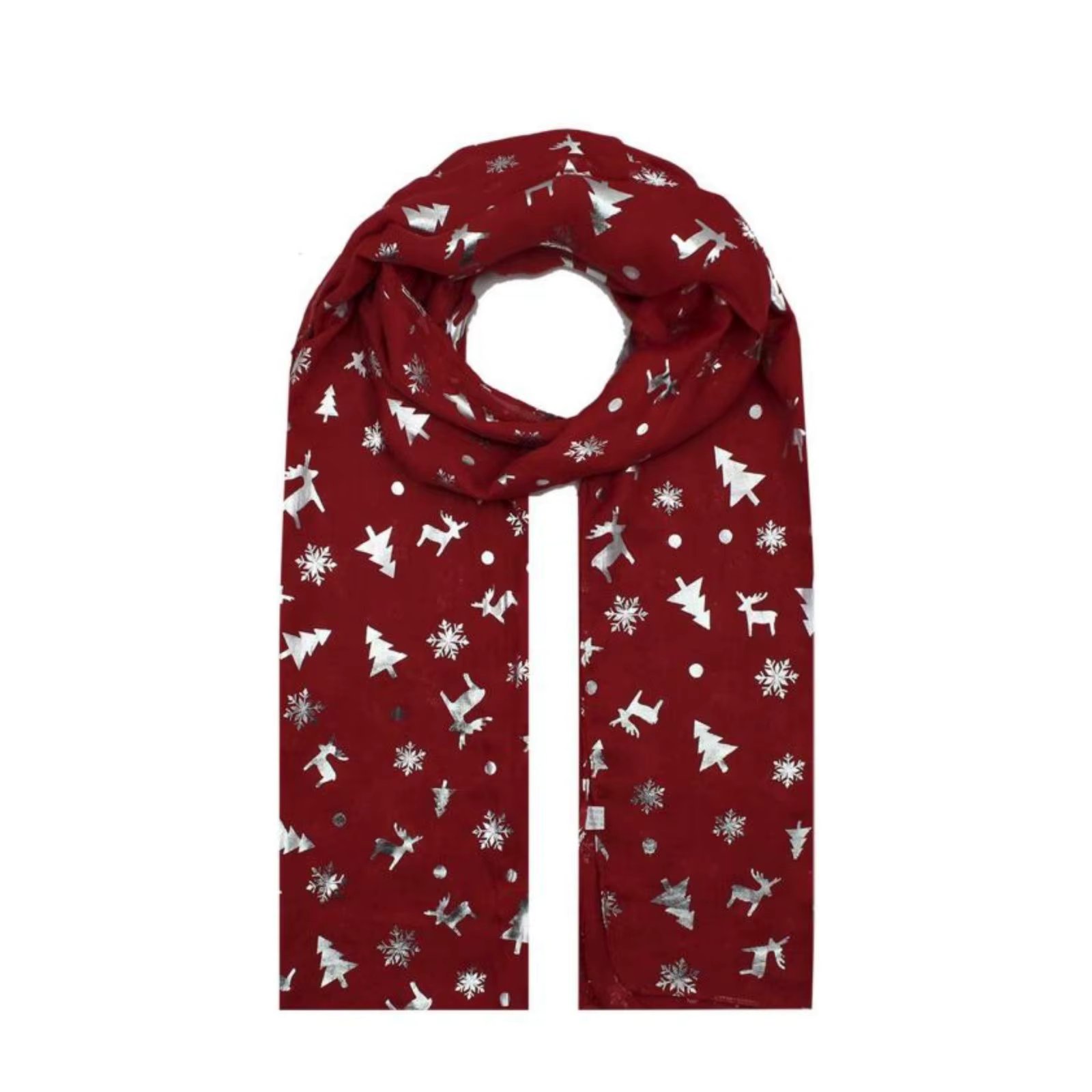 Christmas Themed Red Scarf with Silver Foil Reindeer and Tree Pattern