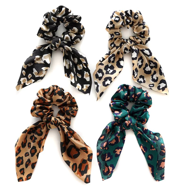 Rabbit Ears Elastic Hair Girl Scrunchie for Hair Leopard Print Satin Ponytail Hair Bows Hood Accessories for Women