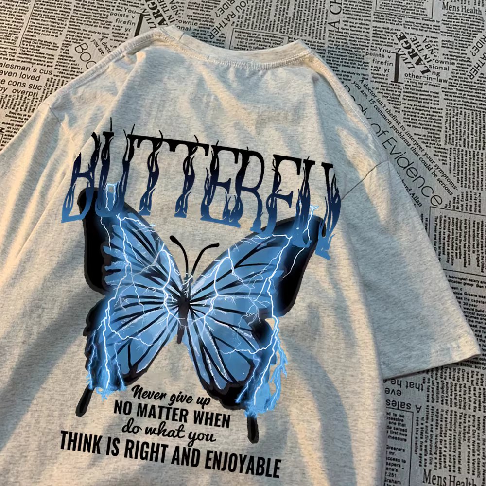 Blue Lightning Butterfly Creative Word T-Shirt Men Casual Oversized T-Shirt Casual Loose Tee Clothes Pattern Quality Tops