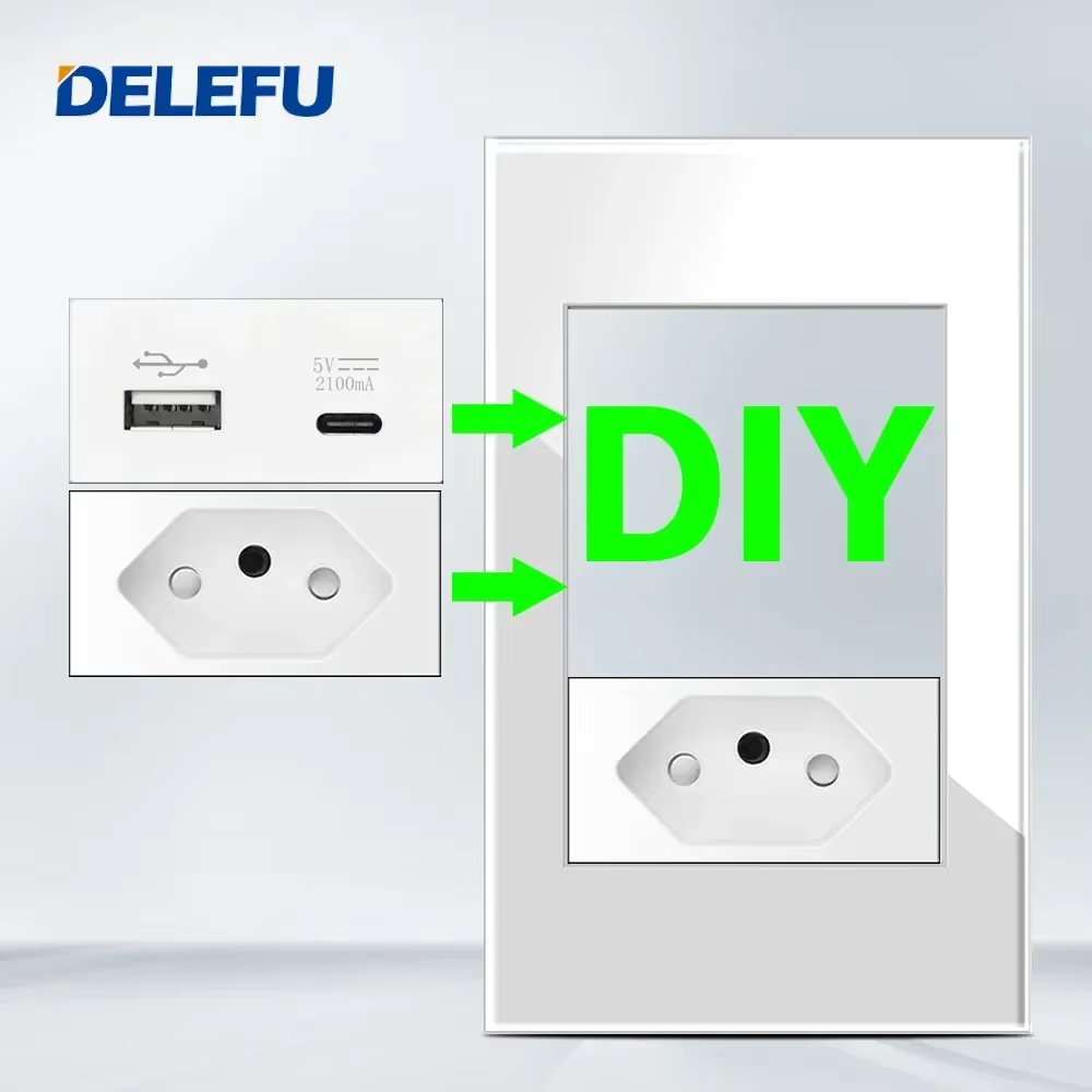 DELEFU Brazilian Italian US EU Standard Free Combination Function USB Type C Key DIY Switch Socket 118mm*72mm White