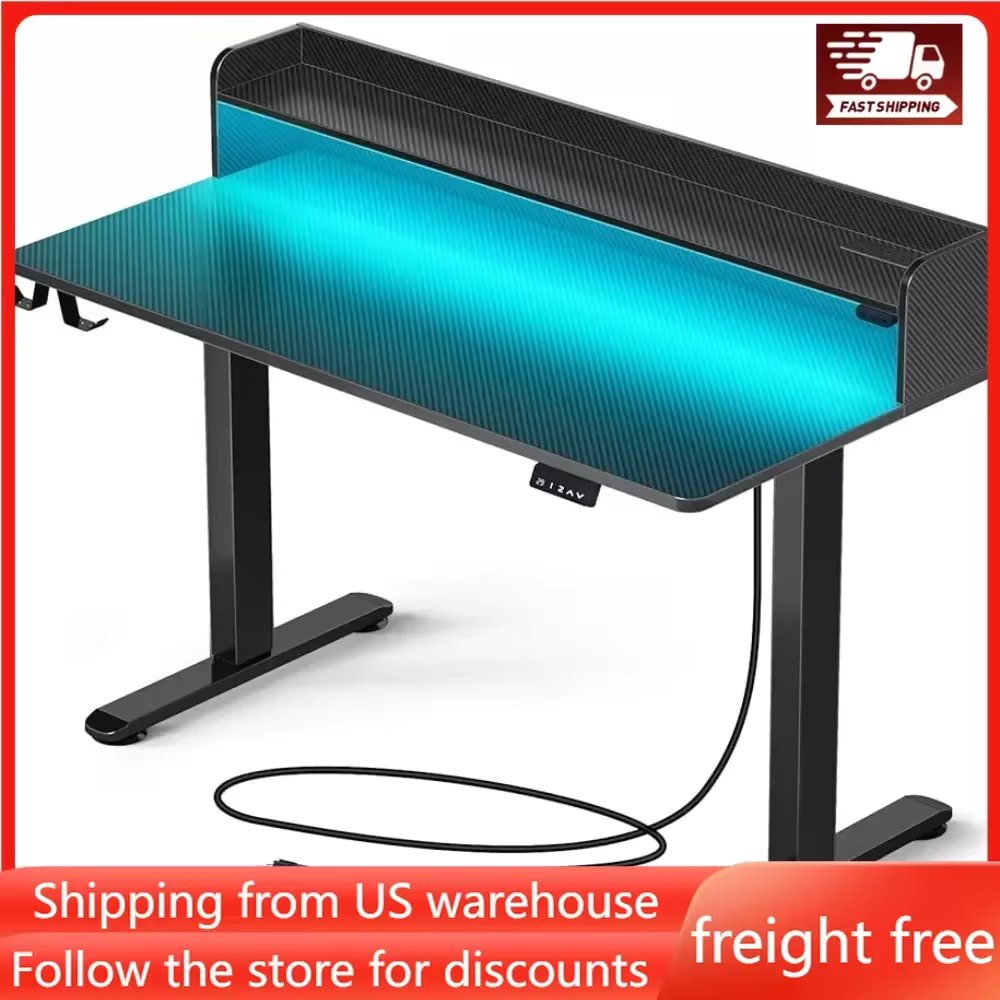 Standing Desk with LED Lights & Charging Station,47" Height Adjustable Desk with Monitor Stand,Electric Gaming Desk with 2 Hooks