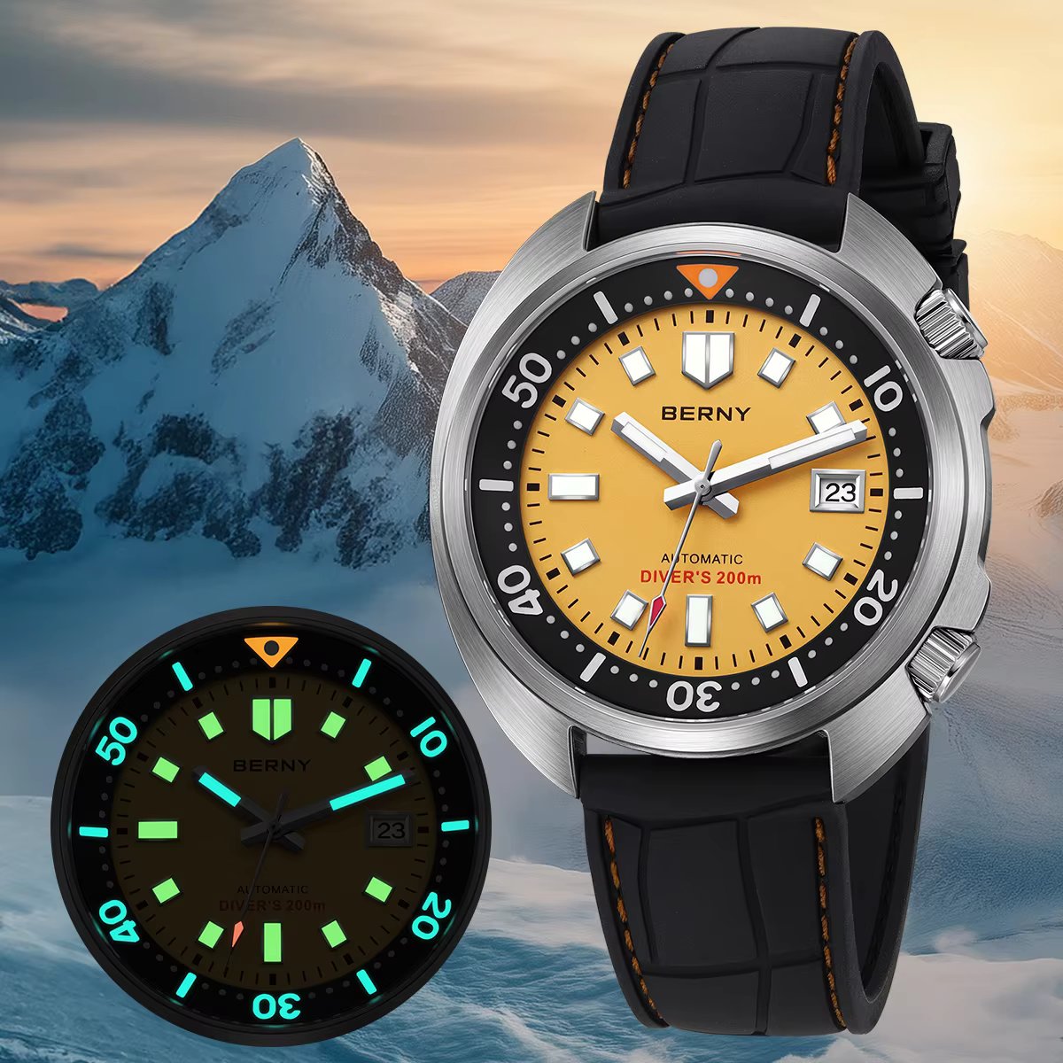 BERNY Automatic Diver Watch for Men Super Luminous Wristwatch Sapphire Sport Mechanical 20ATM 1970 Compressor Diving Men Watches