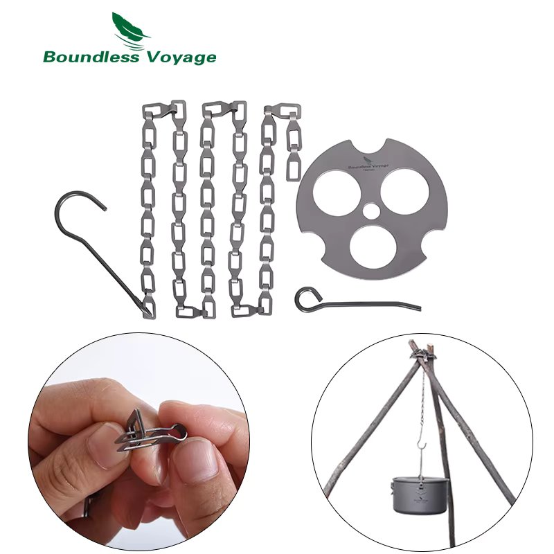 Boundless Voyage 78cm Titanium Hanging Chain Camping Pot Chain Link with Hooks Fixed-loop Campfire Equipment Tripod Parts