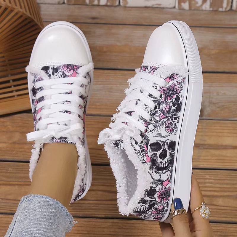2023Floral Skull Canvas Shoes  Women Large Size Flat Sneakers Female Lace-up Sports Shoes Casual Vulcanized Shoes Femme Zapatos
