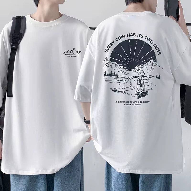 Trend-in front-back print half-sleeved T-shirt men's cotton 100% summer loose overfit box long tee TS2800