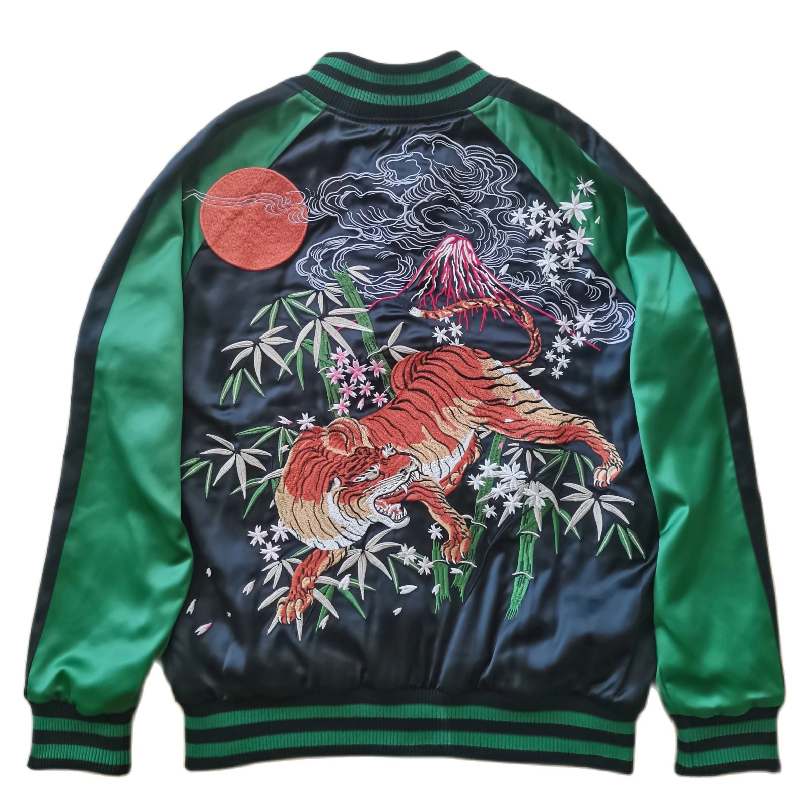 Green High Street Fashion Men Boys Tiger Bamboo Sakura Heavy Work Embroidered Green Sukajan Souvenir Jacket Coats Vintage Casual