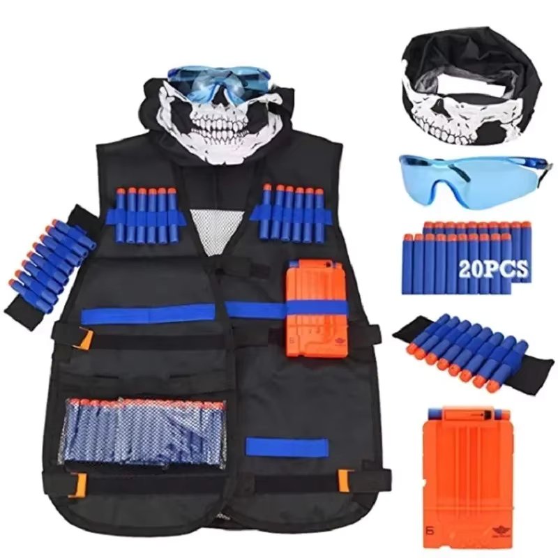 Kids Tactical Vest Kit Nerf Guns Series Refill Darts Reload Clips Tactical Mask Wrist Band and Protective Glasses Nerf Vest Toys
