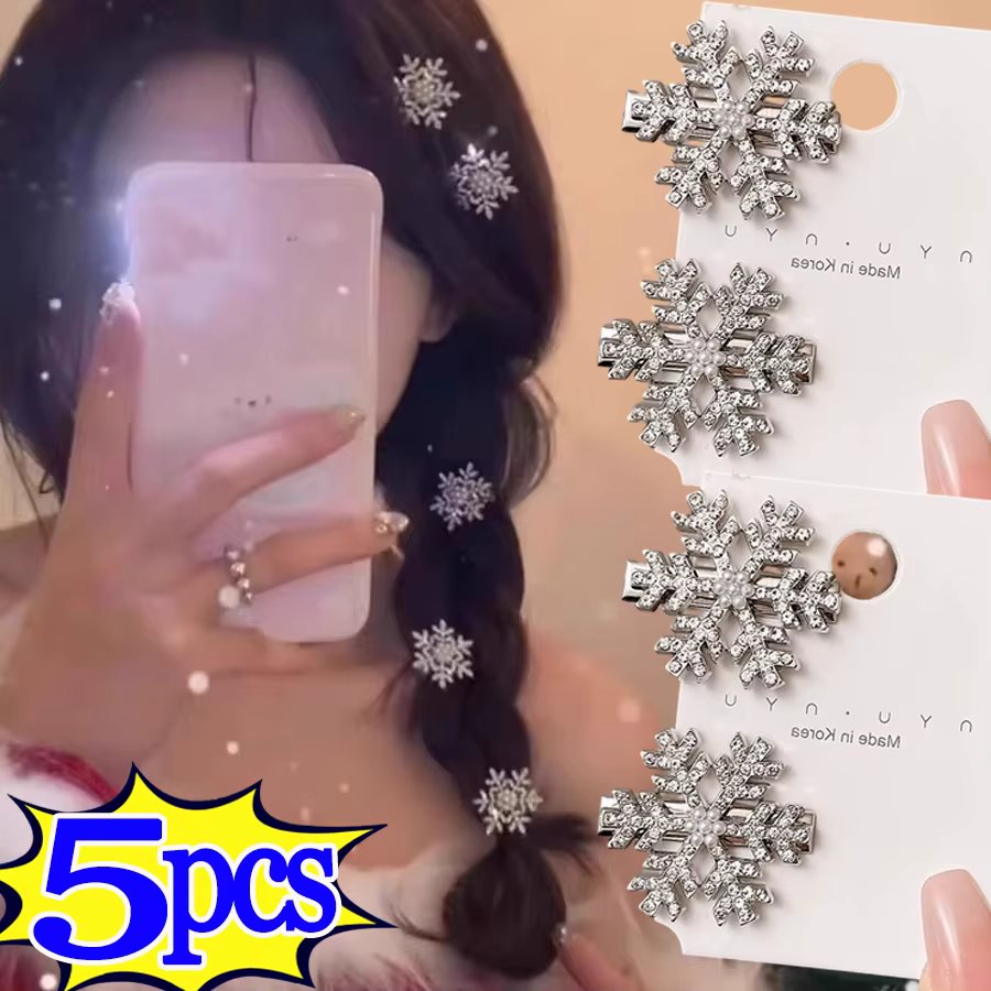 1/5pcs Winter Rhinestone Snowflake Side Clip Hair Pins Christmas New Year Sweet Cute Pearl Barrettes Female Hair Accessories