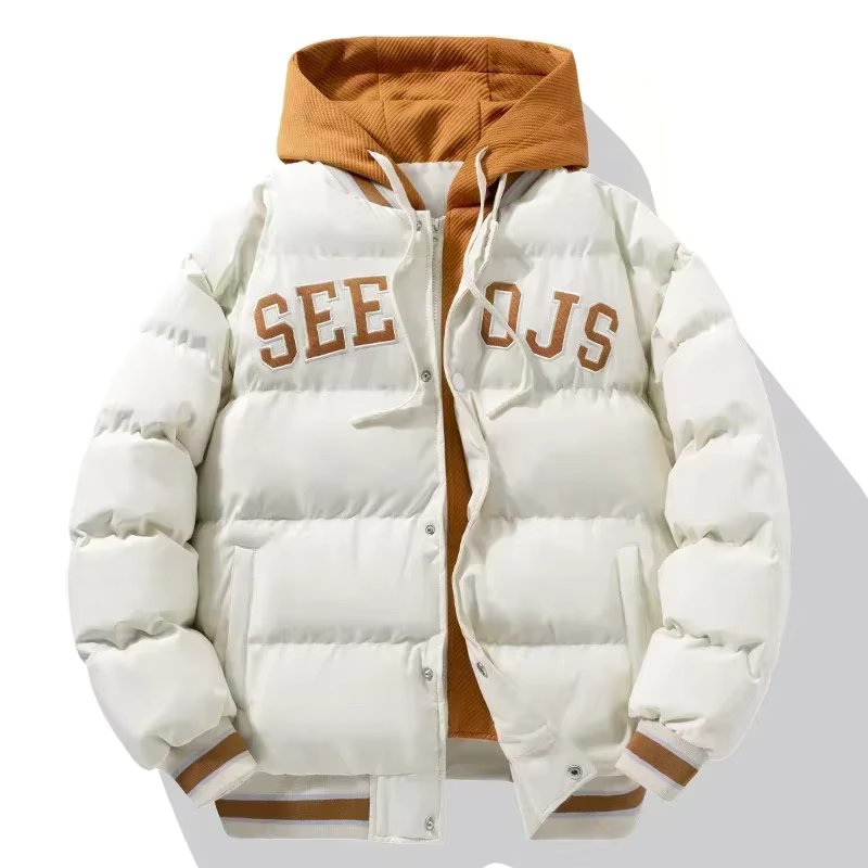 2024 Winter Baseball Jacket Harajuku Fake 2 Pct Design Thick Down Cotton Padded Coat Streetwear Loose Cold-proof Hooded Coat