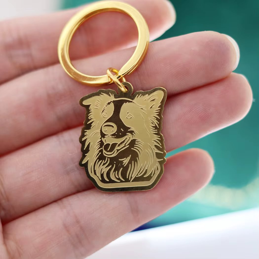 Australian Shepherd Gold Plated Stainless Steel Cartoon Pet Kids Gifts Keychain for Women Men Jewelry Bag Car Deco Accessories