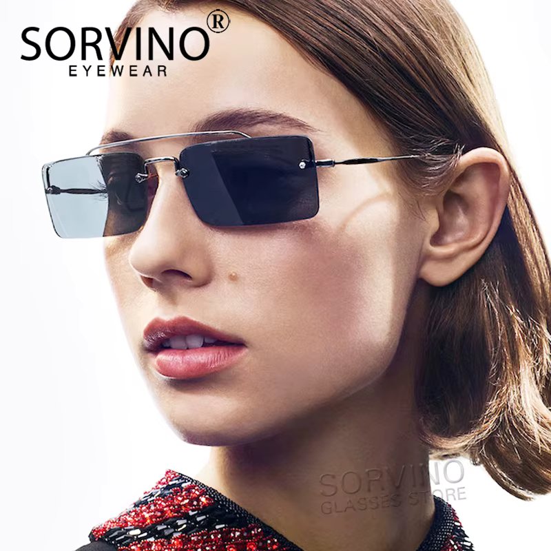 SORVINO Small Rimless Square Sunglasses Women 2022 Luxury Brand Designer Tiny Rectangle 90s Yellow Red Sun Glasses Shades SP261