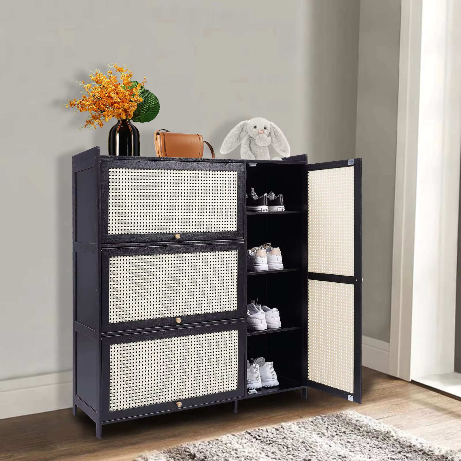 CNCEST 4 Door Shoe Cabinet Bamboo Rattan Storage Organizer Rack Cabinet for Living Room Hallway Entryway