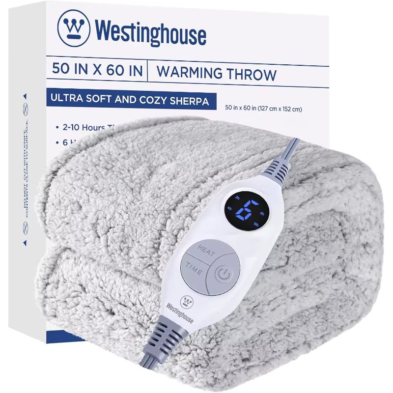 Westinghouse Electric Blanket Throw Size, Soft Plush Sherpa Heated Blanket with 6 Heating Levels & 2-10 Hours Auto-Off