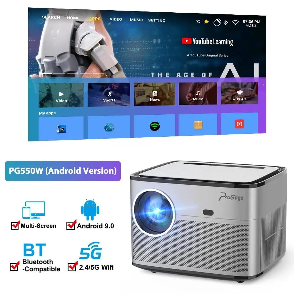 PROGAGA PG550W Full HD 1080P Projector 5G WiFi Android Projetor 4K Video PG550 Auto Focus Portable Projector Home Theater Beamer